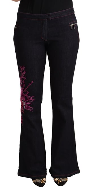 Exte Women's Black Cotton Mid Waist Cotton Flared Jeans