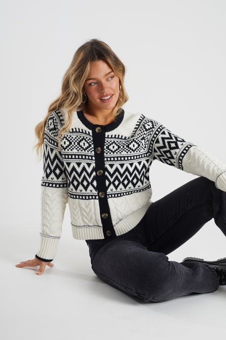Cream Button Through Fairisle Cable Knit Cardigan