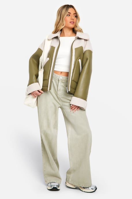 Faux Leather Teddy Trim Aviator Jacket - Image 3