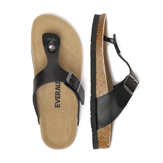 EVER AU Women Flamingo Leather Toe Thong Sandals - Black Leather