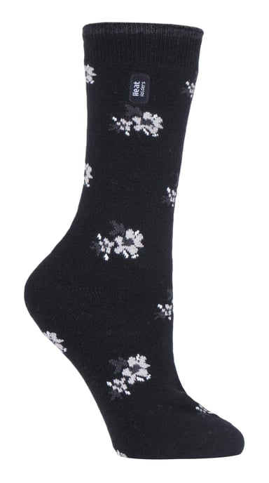 Heat Holders - Ladies Ultra Lite Thermal Brushed Inner Yarn Design Socks - Black Floral (Bellis) - Image 1