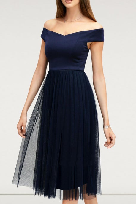 Navy Bardot Midi Dress