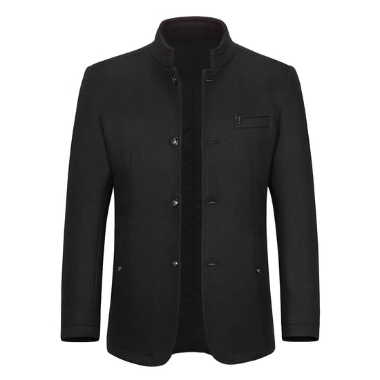 Men's Short Slim Fit Coat with Stand-Up Collar Business Casual Wool Overcoat Black - Image 1