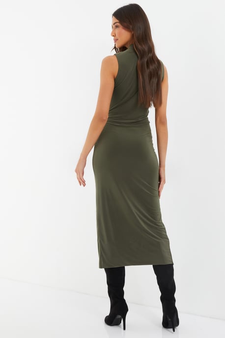 Khaki High Neck Midaxi Dress
