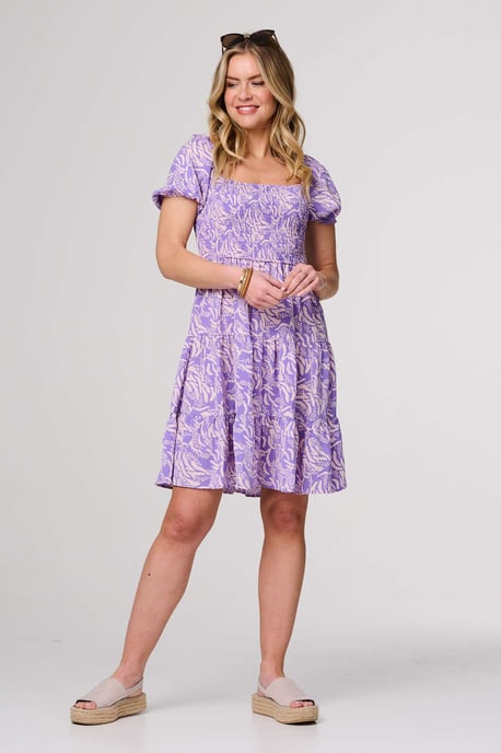 Purple Printed Short Bardot Smock Dress
