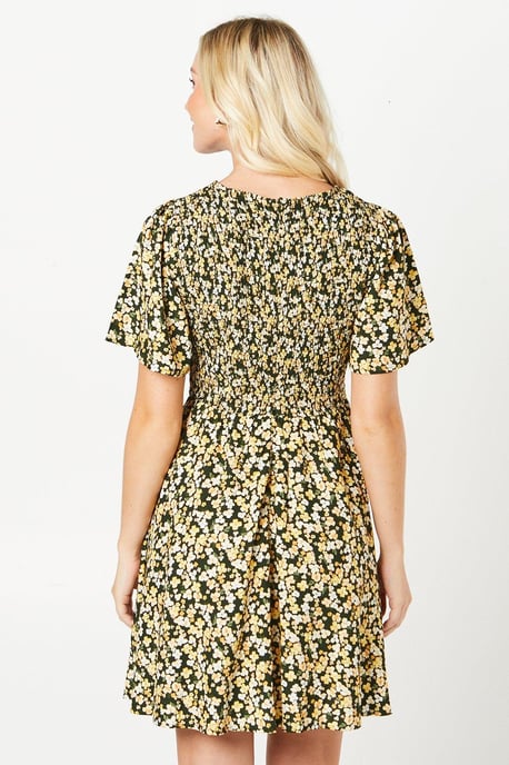 Ditsy Shirred Bodice Flutter Sleeve Mini Dress