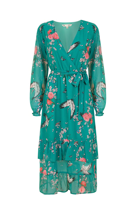Green Crane Print Long Sleeve Wrap Midi Dress