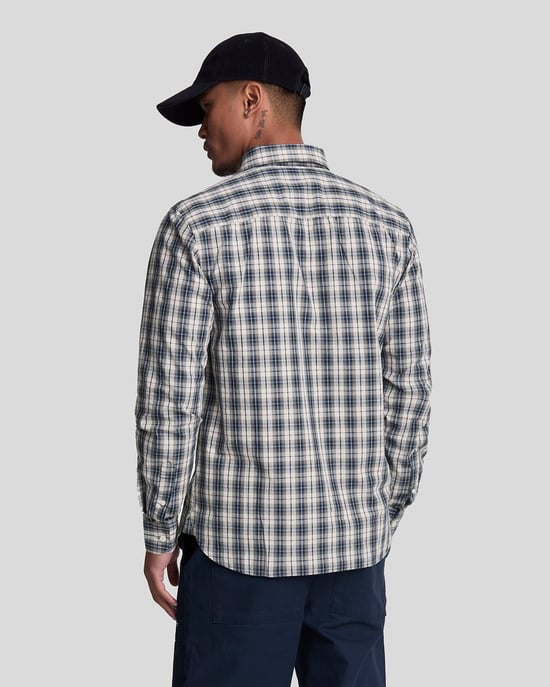 Mens Washed Check Poplin Shirt in Beige - Image 3
