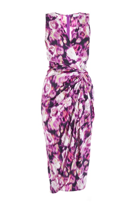 Purple Floral Print Ruched Midi Dress