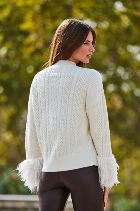 Cream Cable High Neck Faux Fur Cuff Jumper