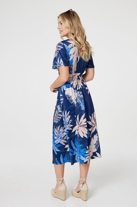 Blue Leaf Print Empire Waist Midi Dress