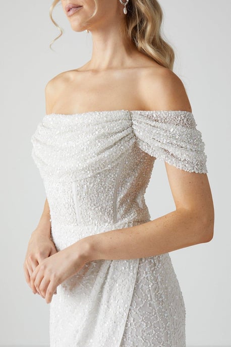 Draped Bardot Cap Sleeve Wrap Skirt Wedding Dress - Image 4
