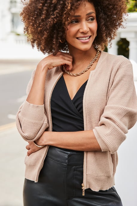 Camel Knitted Bomber Cardigan