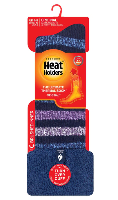 Heat Holders - Extra långa randiga Wellington-stövelstrumpor för dam / dam | Termosockor med mudd - Marin rand - Image 2