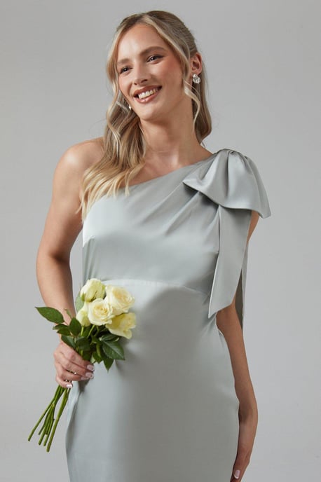 Maternity Bow And Drape Detail One Shoulder Satin Bridesmaids Dress - Image 4
