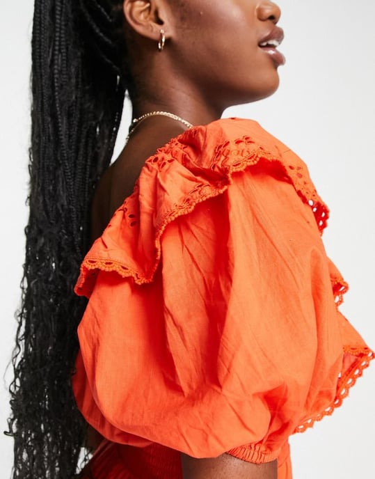 Miss Selfridge broderie frill detail playsuit in burnt orange