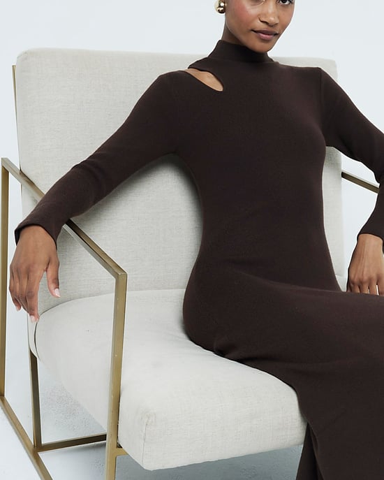 River Island Womens Midi Dress Brown Long Sleeve Cut Out