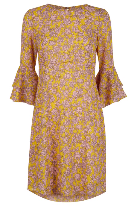 Floral Long Sleeve Printed Mini Dress in Yellow and Pink
