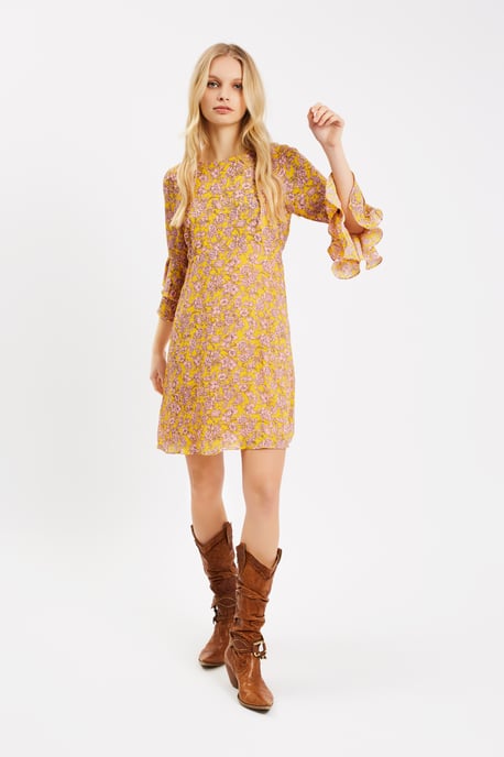 Floral Long Sleeve Printed Mini Dress in Yellow and Pink
