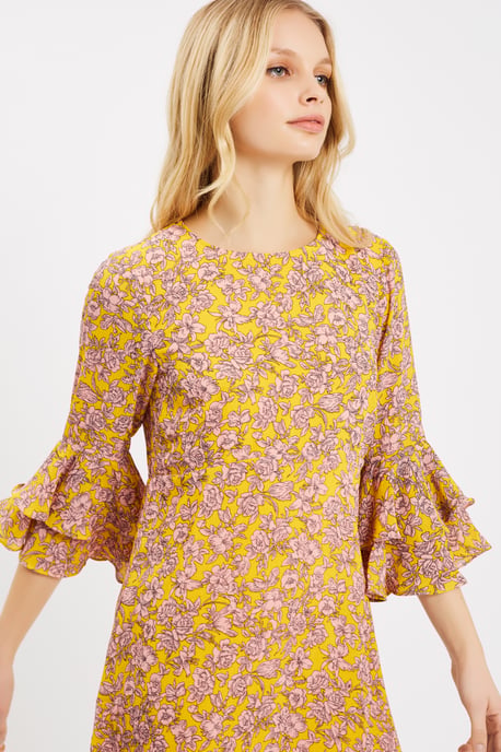 Floral Long Sleeve Printed Mini Dress in Yellow and Pink