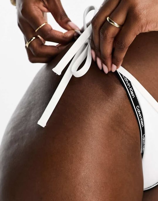 Calvin Klein core logo tape string side tie bikini bottom in white
