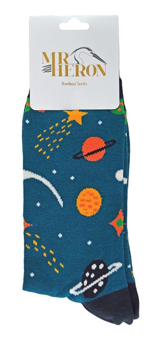 Mens Solar System Space Socks | Mr Heron | Novelty Stars Galaxy Planets Patterned Bamboo Socks - Space (Navy) - Image 2