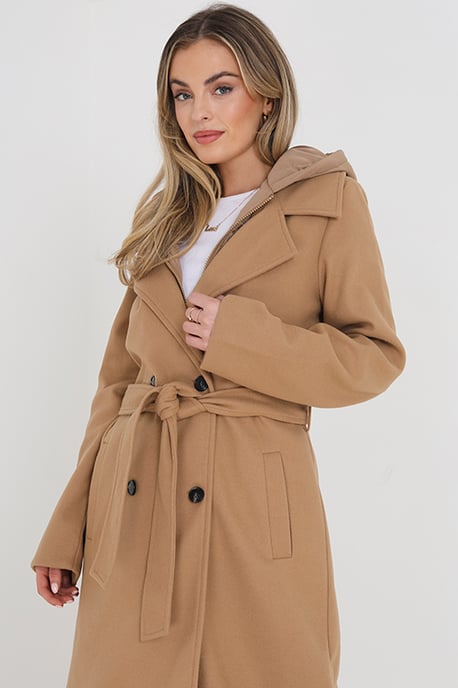 Camel 'Filippa' Faux Wool Maxi Hooded Trench Coat