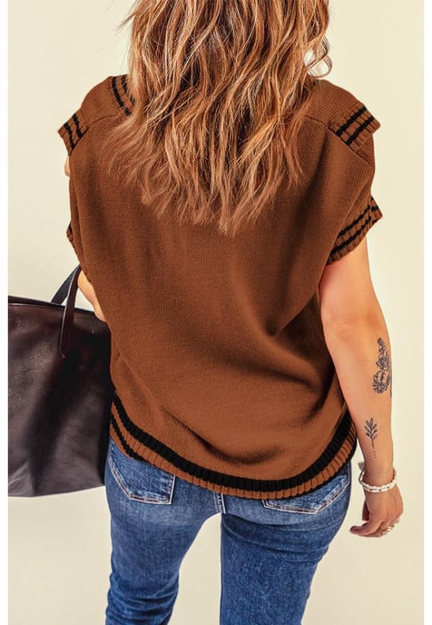 Women's Contrast Stripes V Neck Short Sleeve Sweater in Brown - Image 3