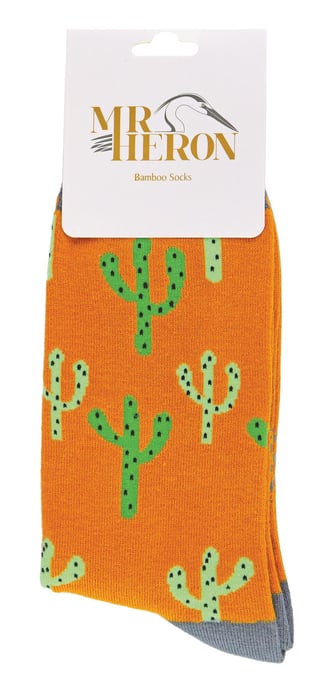 Mens Cactus Socks | Mr Heron | Novelty Colourful Funny Plant Printed Bamboo Socks | Fancy Christmas Gift for Him - Cacti (Mustard) - Image 2