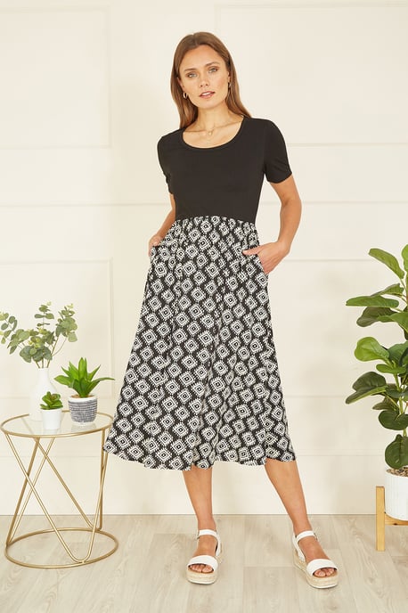 Black Jersey Stretch Top And Geo Skirt Midi Dress