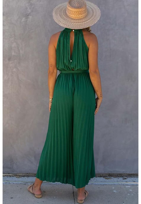 Women's Pleated Wide Leg Jumpsuit with Belt in Green - Image 3