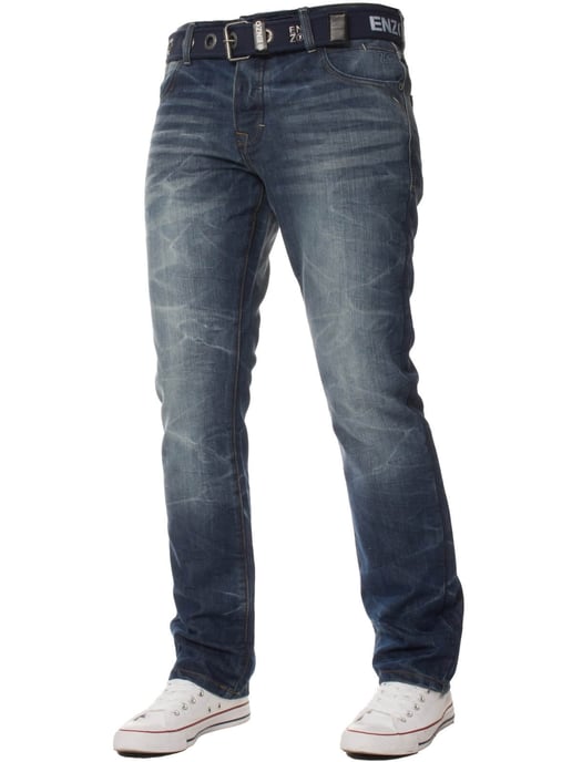 Enzo Men's Denim Straight Fit Jeans Mid Stonewash