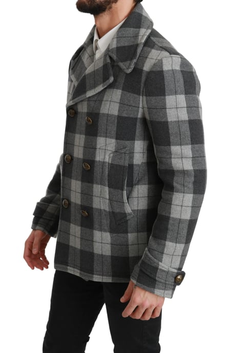 Dolce & Gabbana Grå Rutig Ull Cashmere Kappa Jacka - Image 3