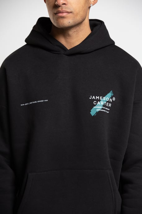 Black 'Est' Cotton Blend Oversized Hoodie with Kangaroo Pocket