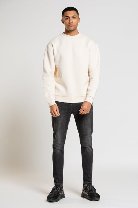 Beige Cotton Blend Crew Neck Long Sleeve Tonal Sweatshirt