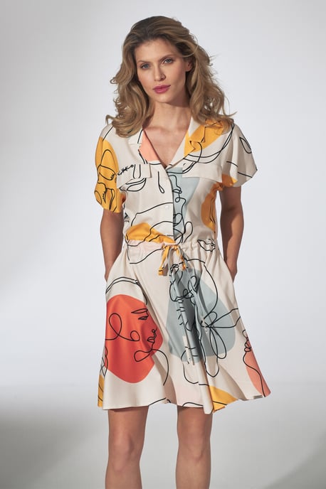 Faces Print Kimono Dress with Collar