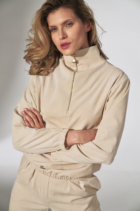 Beige Corduroy Blouse with Stand-Up Collar