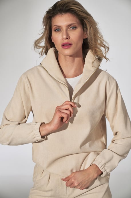 Beige Corduroy Blouse with Stand-Up Collar