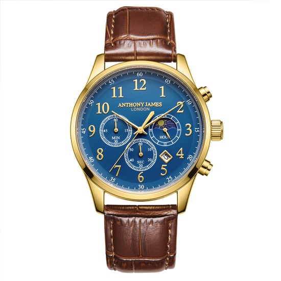 Hand Assembled Anthony James Moonphase Chronograph Gold Blue