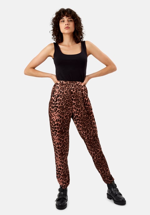 Animal Print Satin Tapered Trousers in Pink
