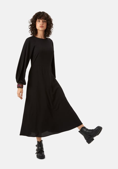 On The Cuff Embroidered Midi Dress in Black