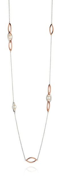 Fiorelli Silver Womens 925 Sterling Silver Rose Gold Plated Pearl Marquise Link Station Necklace of Length 80cm + 5cm
