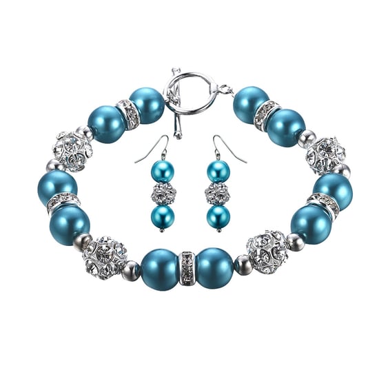 Blue Pearls, Crystal and Rhodium Plated Bracelet and Earrings Set