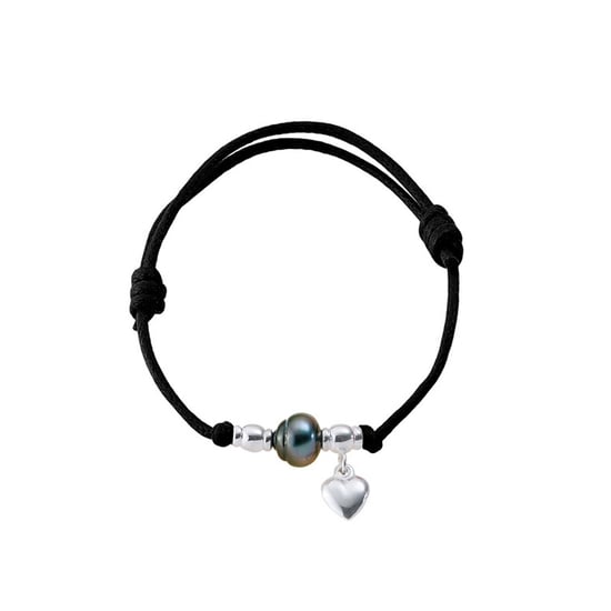 Tahitian Pearl Heart 925 Sterling Silver and Black Waxed Cotton Bracelet - Image 1