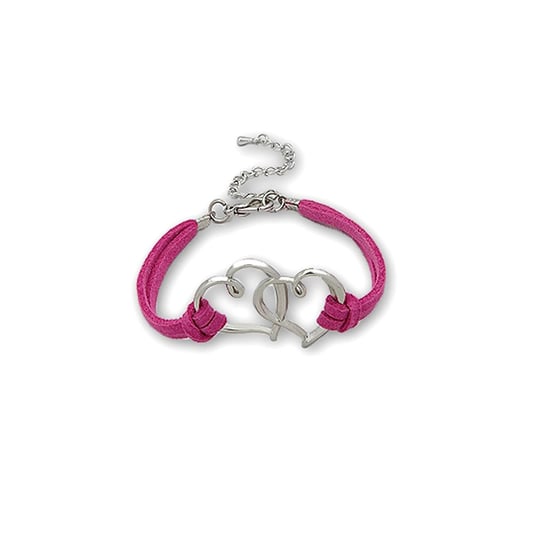Dark Pink Double Heart Suedin Bracelet and Rhodium plated