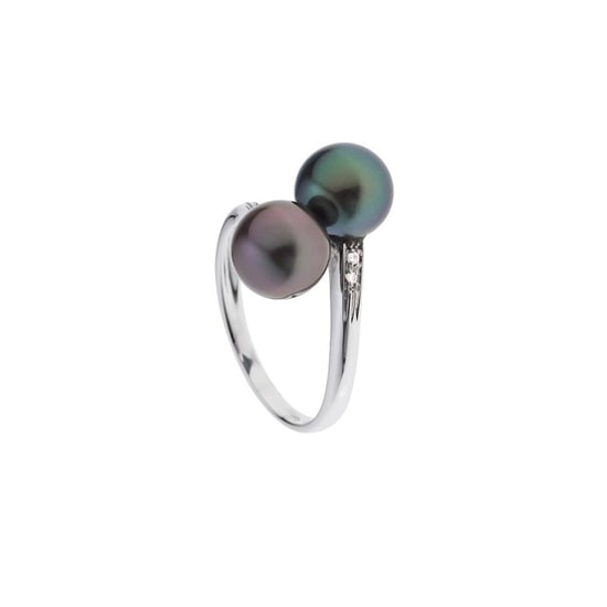 2 Black Tahitian Pearls, Diamonds Ring and White Gold 375/1000 - Image 1