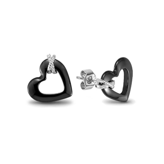 Black Ceramic Earrings Heart, White Crystal Cubic Zirconia and Silver 925