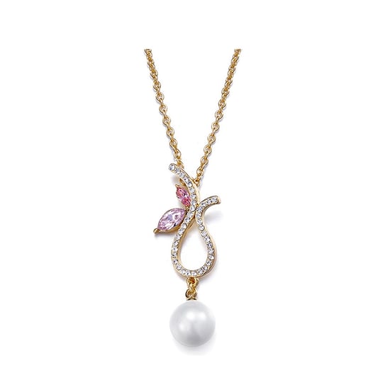 Swarovski - Yellow Gold Plated Pearl Pendant with Purple Pink Swarovski Element Crystals - Image 1