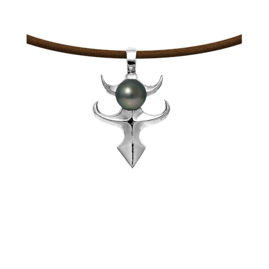 Black Tahitian Pearl Tribal Pendant and Leather Man Necklace and 925 Sterling Silver
