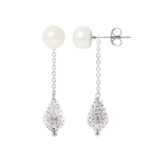 White Cultured Pearls, White Crystal and 925 Silver Dangling Earrings - Image 1